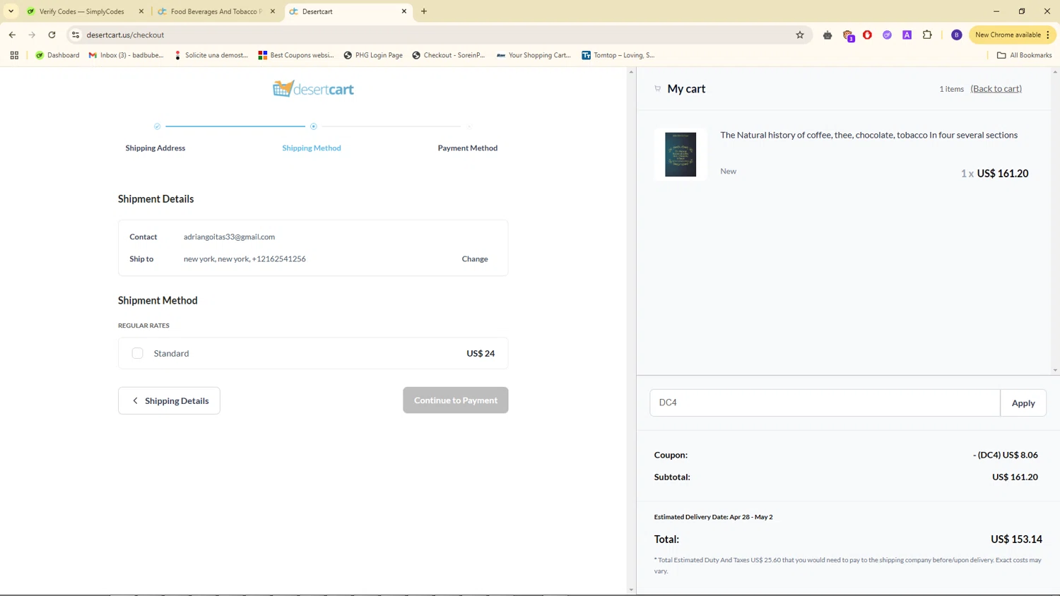 Desertcart promo code screenshot showing code DC4 applied at Desertcart checkout page. Uploaded by SimplyCodes community member WiseSeeker4854 on Apr 23, 2025