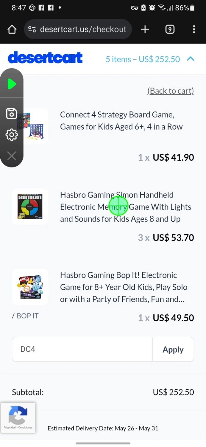 Desertcart promo code screenshot showing code DC4 applied at Desertcart checkout page. Uploaded by SimplyCodes community member miguelcrast on May 20, 2025