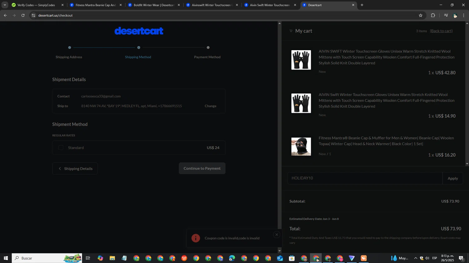 Desertcart promo code screenshot showing code HOLIDAY10 applied at Desertcart checkout page. Uploaded by SimplyCodes community member EpicPro4648 on May 27, 2025