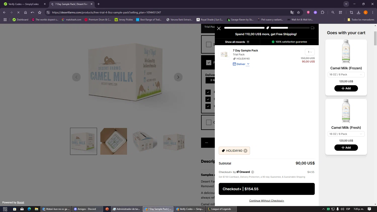 Desert Farms discount code screenshot showing code holiday40 applied at Desert Farms checkout page. Uploaded by SimplyCodes community member VayneChambeadora on Dec 31, 2025
