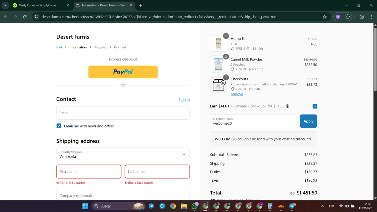 Desert Farms discount code screenshot showing code welcome20 applied at Desert Farms checkout page. Uploaded by SimplyCodes community member LuckyElite8069 on Sep 12, 2025