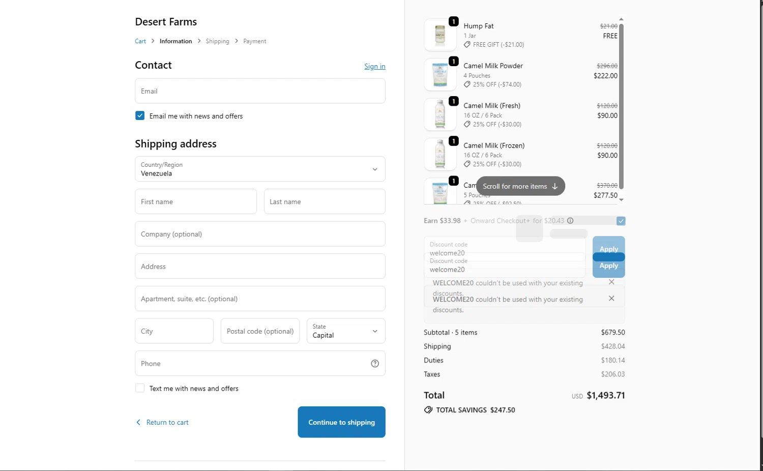Desert Farms discount code screenshot showing code welcome20 applied at Desert Farms checkout page. Uploaded by SimplyCodes community member LuckyExpert7689 on Oct 22, 2025