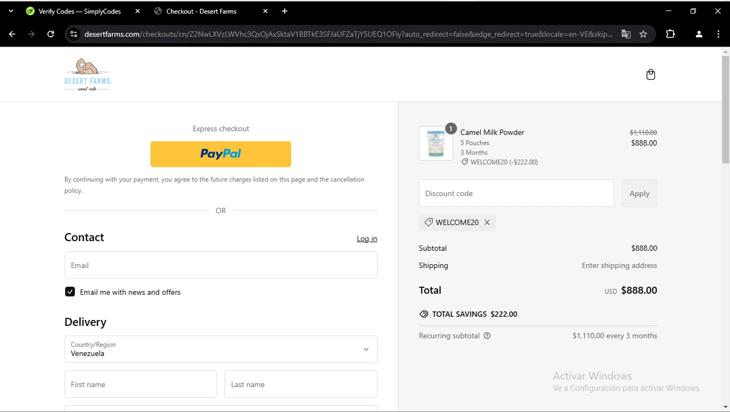 Desert Farms discount code screenshot showing code welcome20 applied at Desert Farms checkout page. Uploaded by SimplyCodes community member aleixmase on Feb 13, 2025