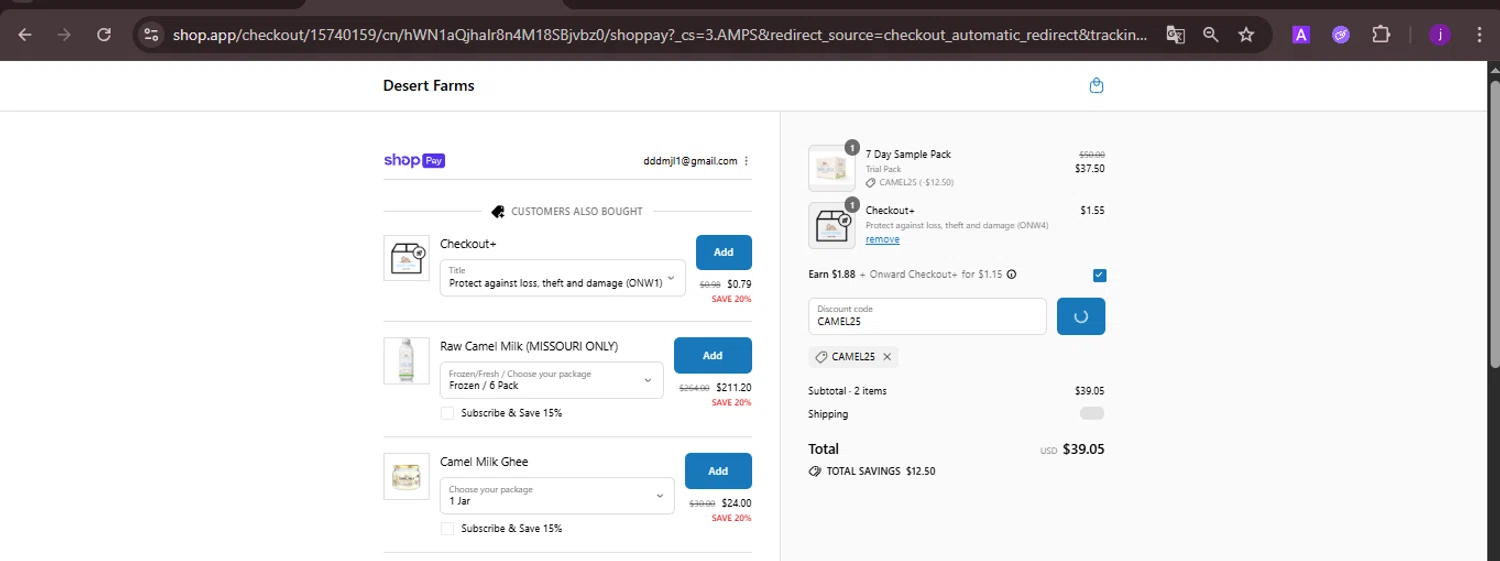 Desert Farms discount code screenshot showing code CAMEL25 applied at Desert Farms checkout page. Uploaded by SimplyCodes community member CoinMaverick1452 on Aug 9, 2025
