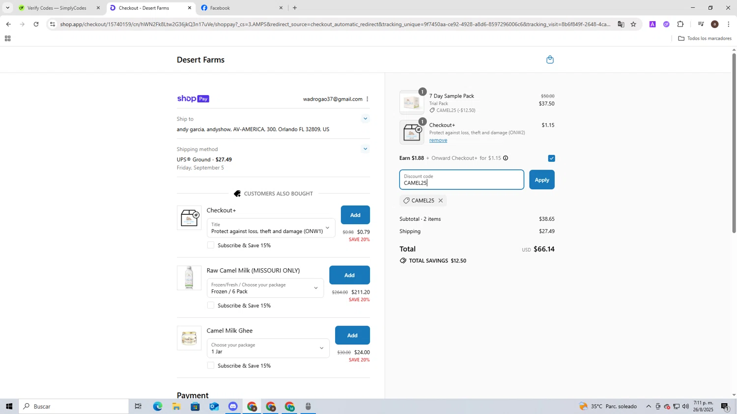Desert Farms discount code screenshot showing code CAMEL25 applied at Desert Farms checkout page. Uploaded by SimplyCodes community member RoyalLegend4835 on Aug 26, 2025