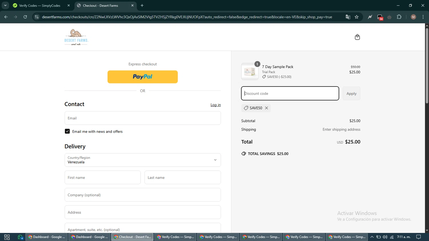 Desert Farms discount code screenshot showing code save50 applied at Desert Farms checkout page. Uploaded by SimplyCodes community member DiscountTitan4635 on Apr 19, 2025