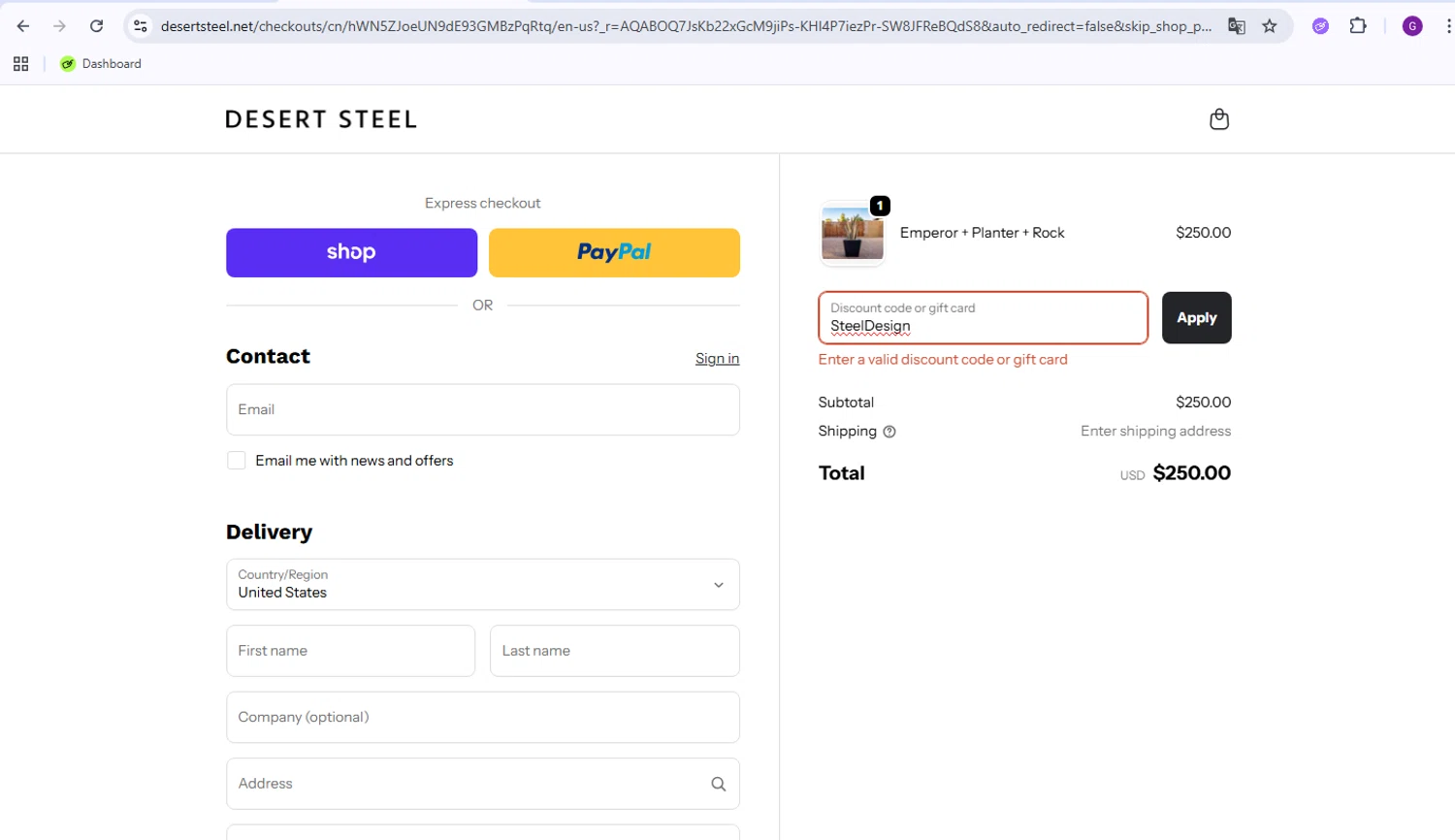 Desert Steel discount code screenshot showing code SteelDesign applied at Desert Steel checkout page. Uploaded by SimplyCodes community member WiseMaverick4603 on Nov 22, 2025