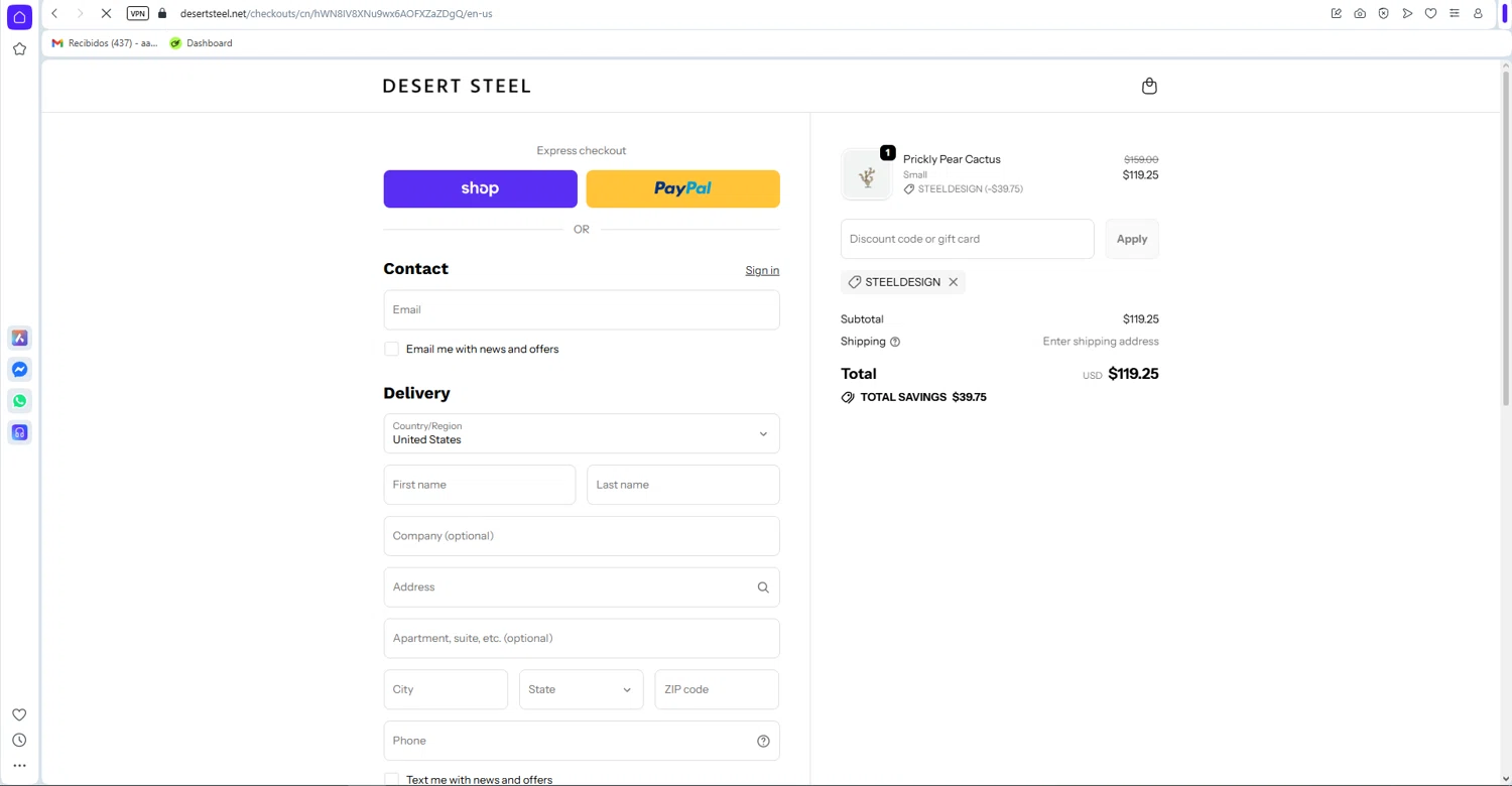 Desert Steel checkout page showing Desert Steel discount code box | Screenshot taken by SimplyCodes community member on Feb 1, 2026