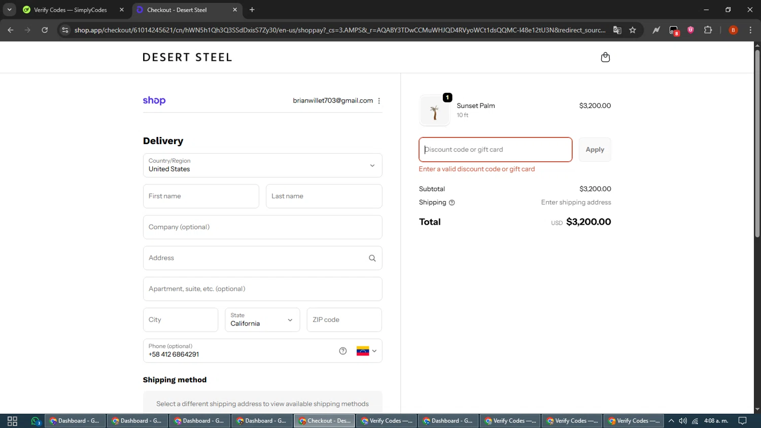 Desert Steel discount code screenshot showing code DSFAMILY applied at Desert Steel checkout page. Uploaded by SimplyCodes community member BrilliantLynx7174 on Nov 25, 2025