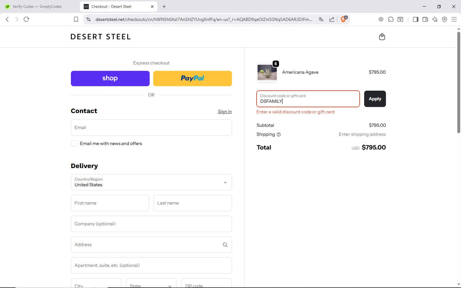 Desert Steel discount code screenshot showing code DSFAMILY applied at Desert Steel checkout page. Uploaded by SimplyCodes community member ShieldAdmiral6835 on Nov 25, 2025