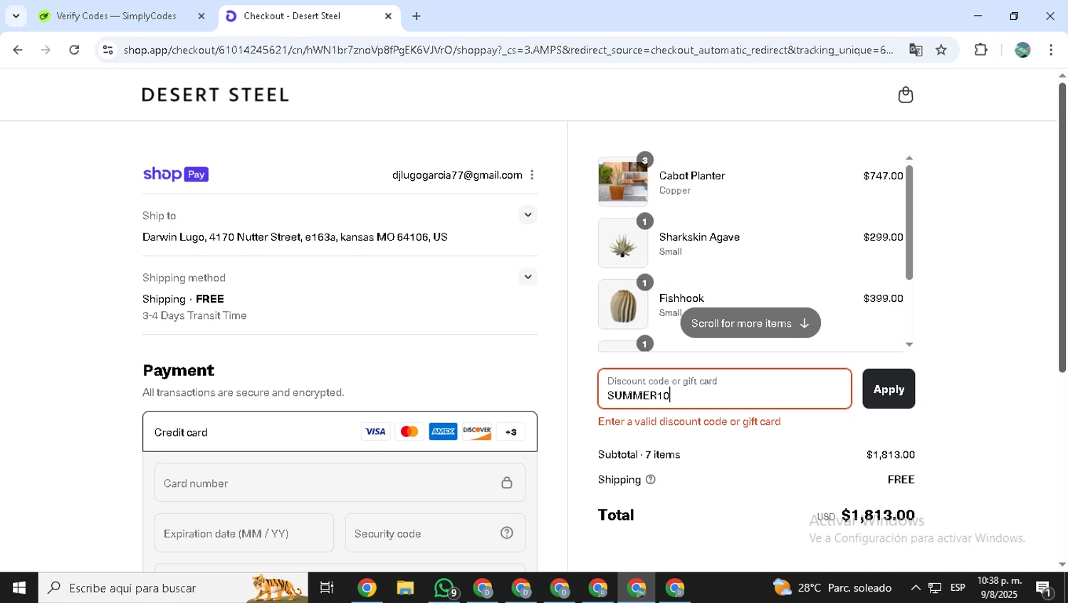 Desert Steel discount code screenshot showing code SUMMER10 applied at Desert Steel checkout page. Uploaded by SimplyCodes community member ShrewdMonarch9444 on Aug 10, 2025