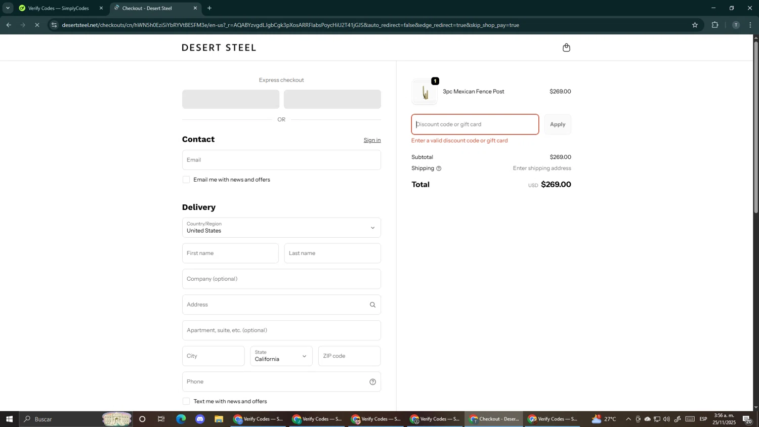 Desert Steel discount code screenshot showing code EASYLANDSCAPE applied at Desert Steel checkout page. Uploaded by SimplyCodes community member Makemusic on Nov 25, 2025
