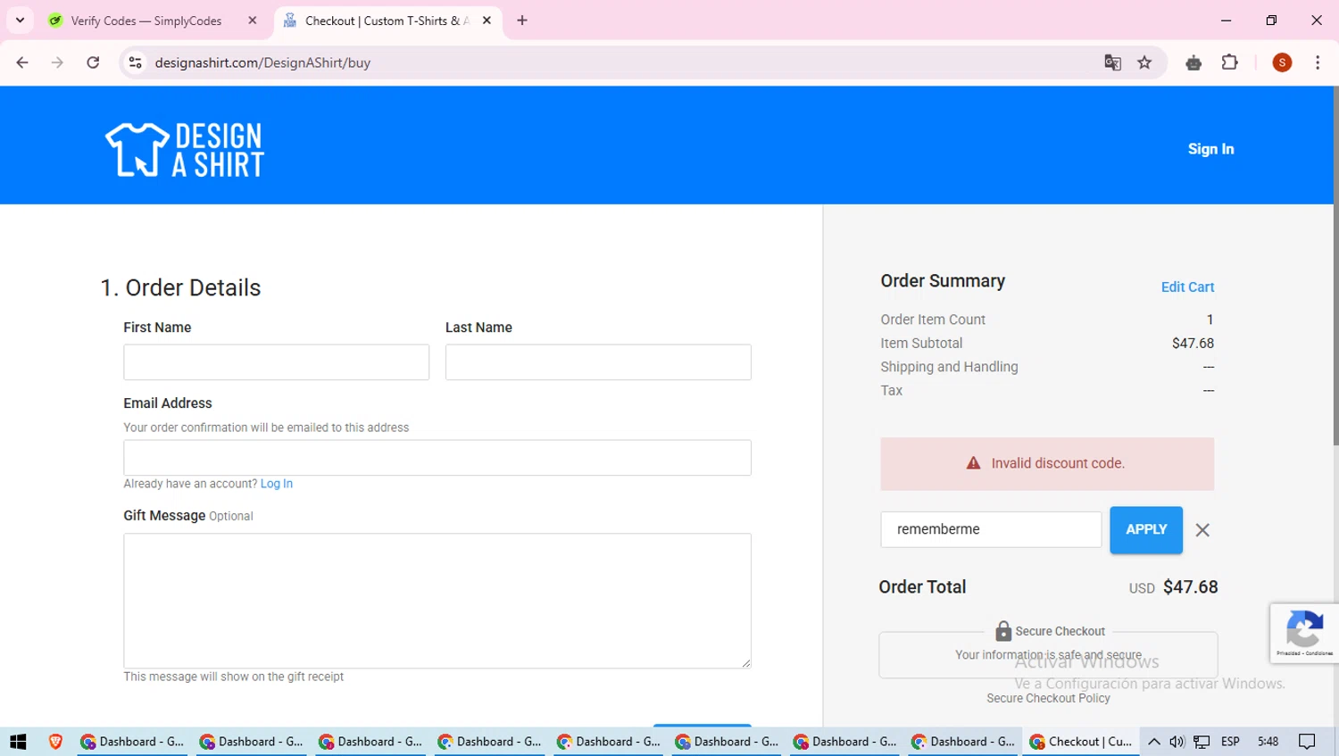 Design A Shirt promo code screenshot showing code rememberme applied at Design A Shirt checkout page. Uploaded by SimplyCodes community member CleverTiger4265 on Mar 17, 2025