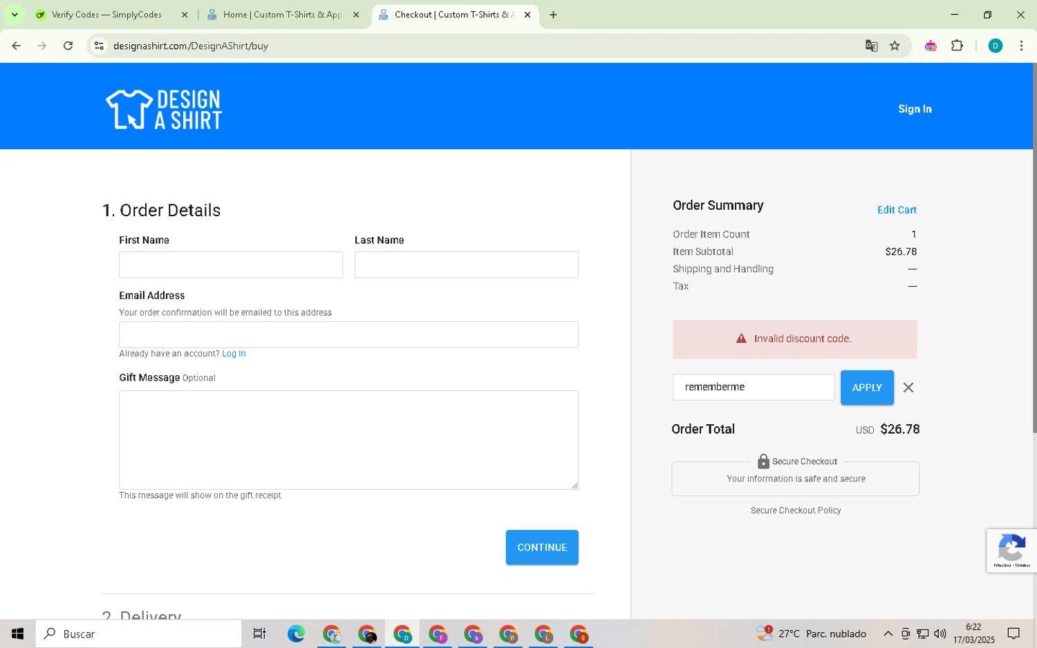 Design A Shirt promo code screenshot showing code rememberme applied at Design A Shirt checkout page. Uploaded by SimplyCodes community member BonusPilot3825 on Mar 17, 2025
