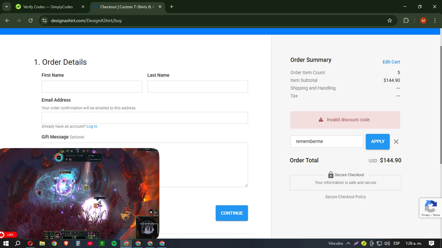 Design A Shirt promo code screenshot showing code rememberme applied at Design A Shirt checkout page. Uploaded by SimplyCodes community member NobleSentinel6058 on Mar 17, 2025