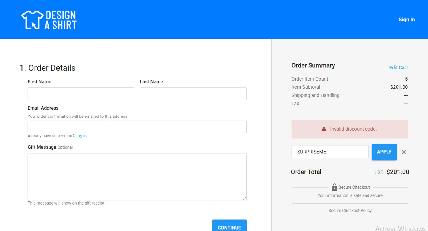 Design A Shirt promo code screenshot showing code SURPRISEME applied at Design A Shirt checkout page. Uploaded by SimplyCodes community member perrofimosis241 on May 20, 2025