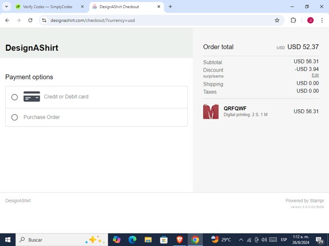 Design A Shirt checkout page showing Design A Shirt promo code box | Screenshot taken by SimplyCodes community member on Aug 26, 2024