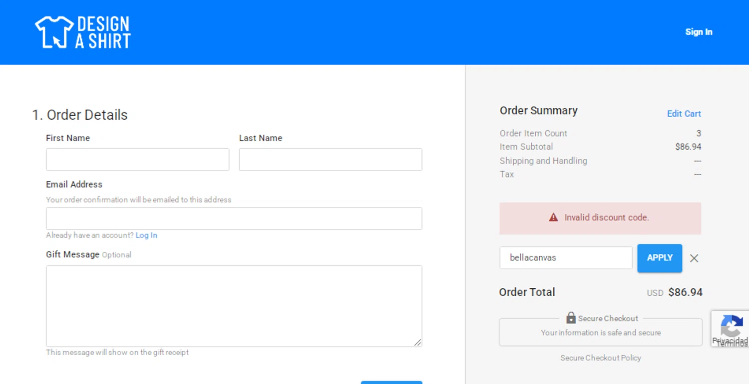 Design A Shirt promo code screenshot showing code bellacanvas applied at Design A Shirt checkout page. Uploaded by SimplyCodes community member anthonysemeco on May 20, 2025