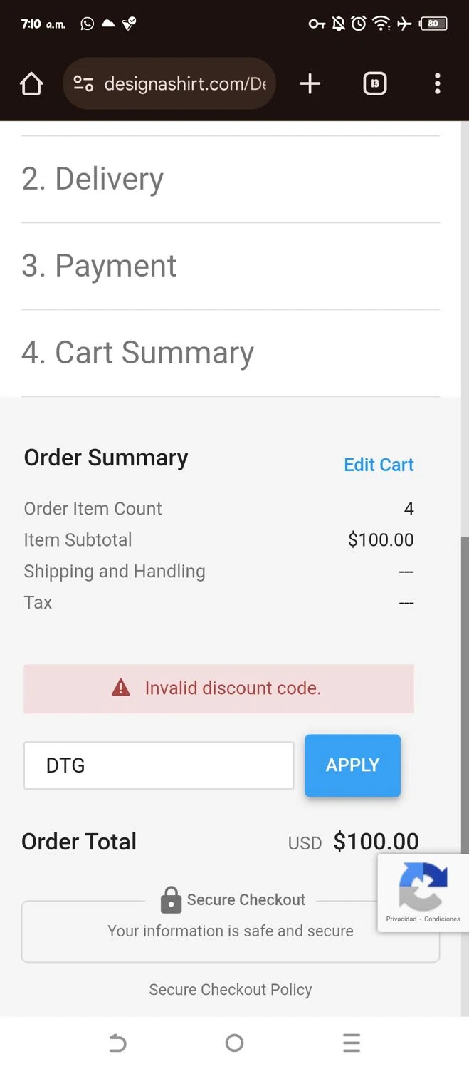 Design A Shirt promo code screenshot showing code DTG applied at Design A Shirt checkout page. Uploaded by SimplyCodes community member WonderW on Jan 27, 2025