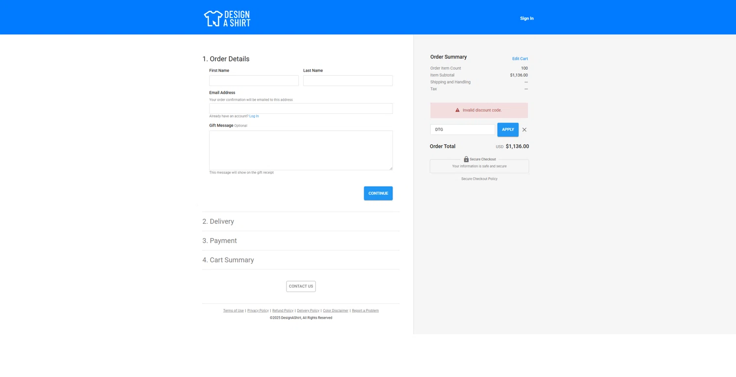 Design A Shirt promo code screenshot showing code DTG applied at Design A Shirt checkout page. Uploaded by SimplyCodes community member echidanarara on Jan 27, 2025