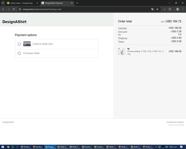Design A Shirt checkout page showing Design A Shirt promo code box | Screenshot taken by SimplyCodes community member on Nov 30, 2024