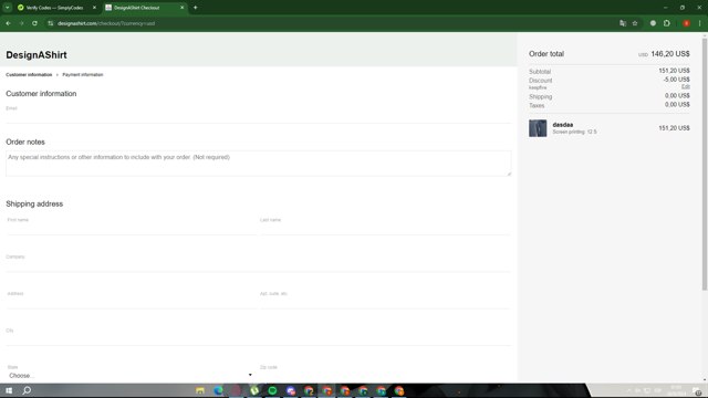 Design A Shirt checkout page showing Design A Shirt promo code box | Screenshot taken by SimplyCodes community member on Aug 26, 2024