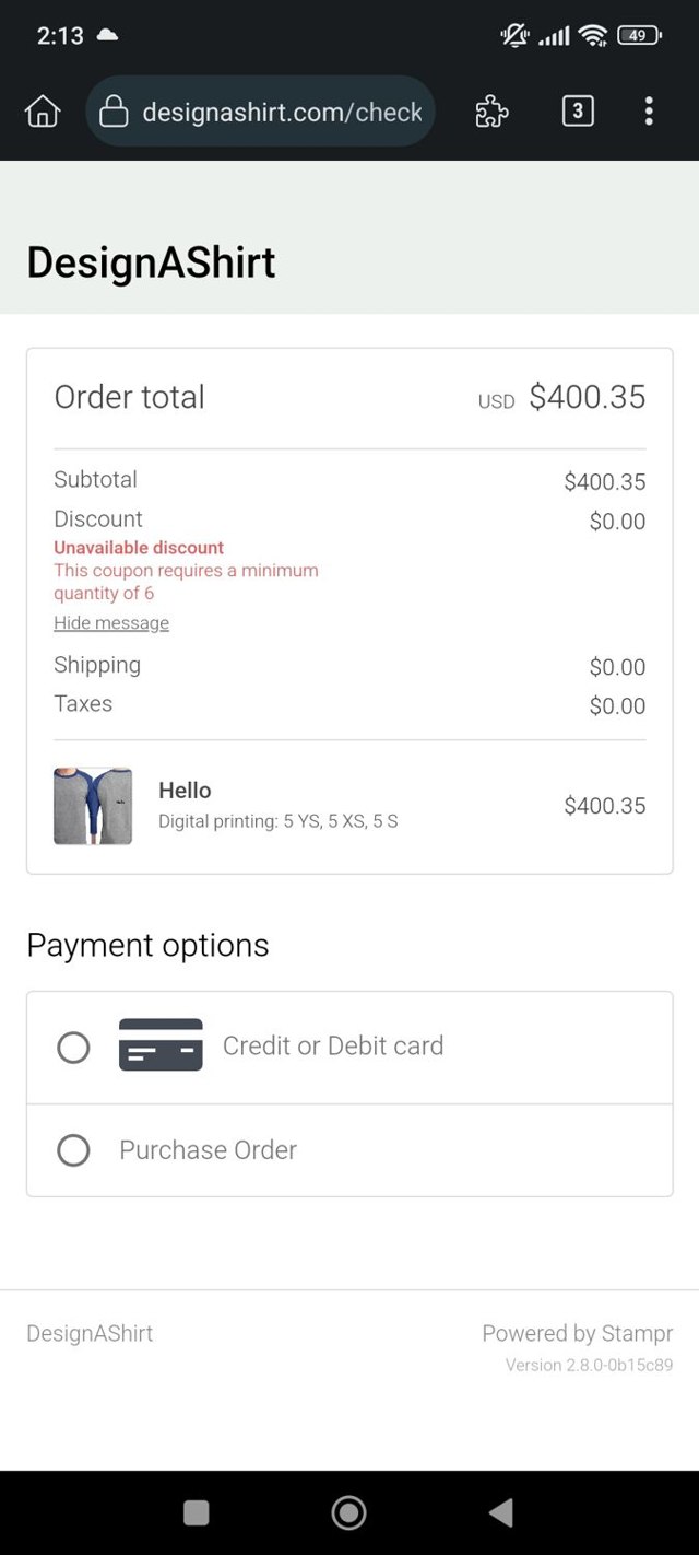 Design A Shirt checkout page showing Design A Shirt promo code box | Screenshot taken by SimplyCodes community member on Aug 26, 2024