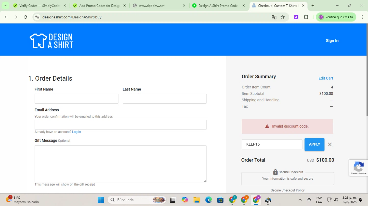 Design A Shirt promo code screenshot showing code KEEP15 applied at Design A Shirt checkout page. Uploaded by SimplyCodes community member jesusalvarez1 on Aug 5, 2025