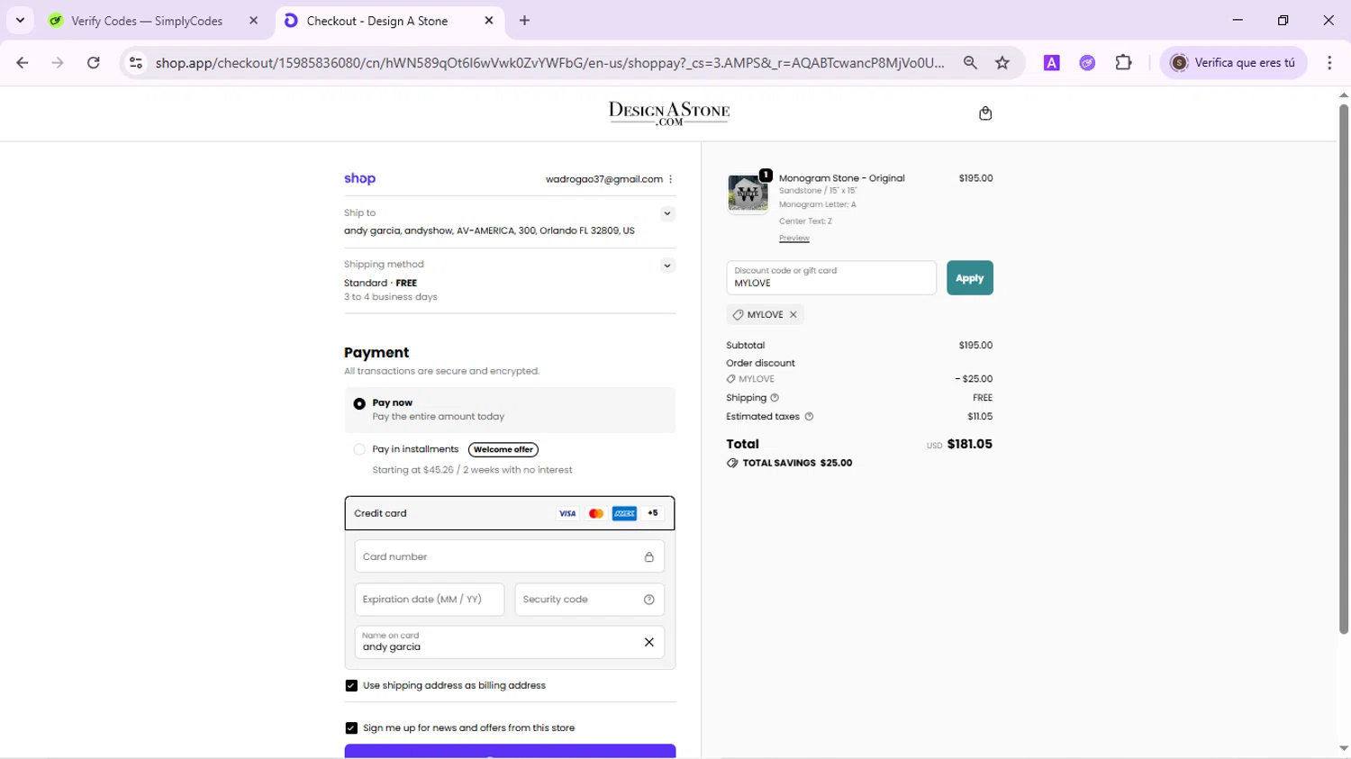 Design A Stone discount code screenshot showing code MYLOVE applied at Design A Stone checkout page. Uploaded by SimplyCodes community member QuestPhoenix2794 on Nov 10, 2025