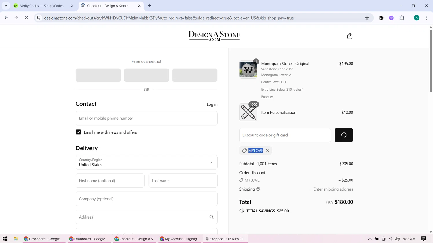 Design A Stone discount code screenshot showing code MYLOVE applied at Design A Stone checkout page. Uploaded by SimplyCodes community member ShieldHunter3846 on Aug 1, 2025