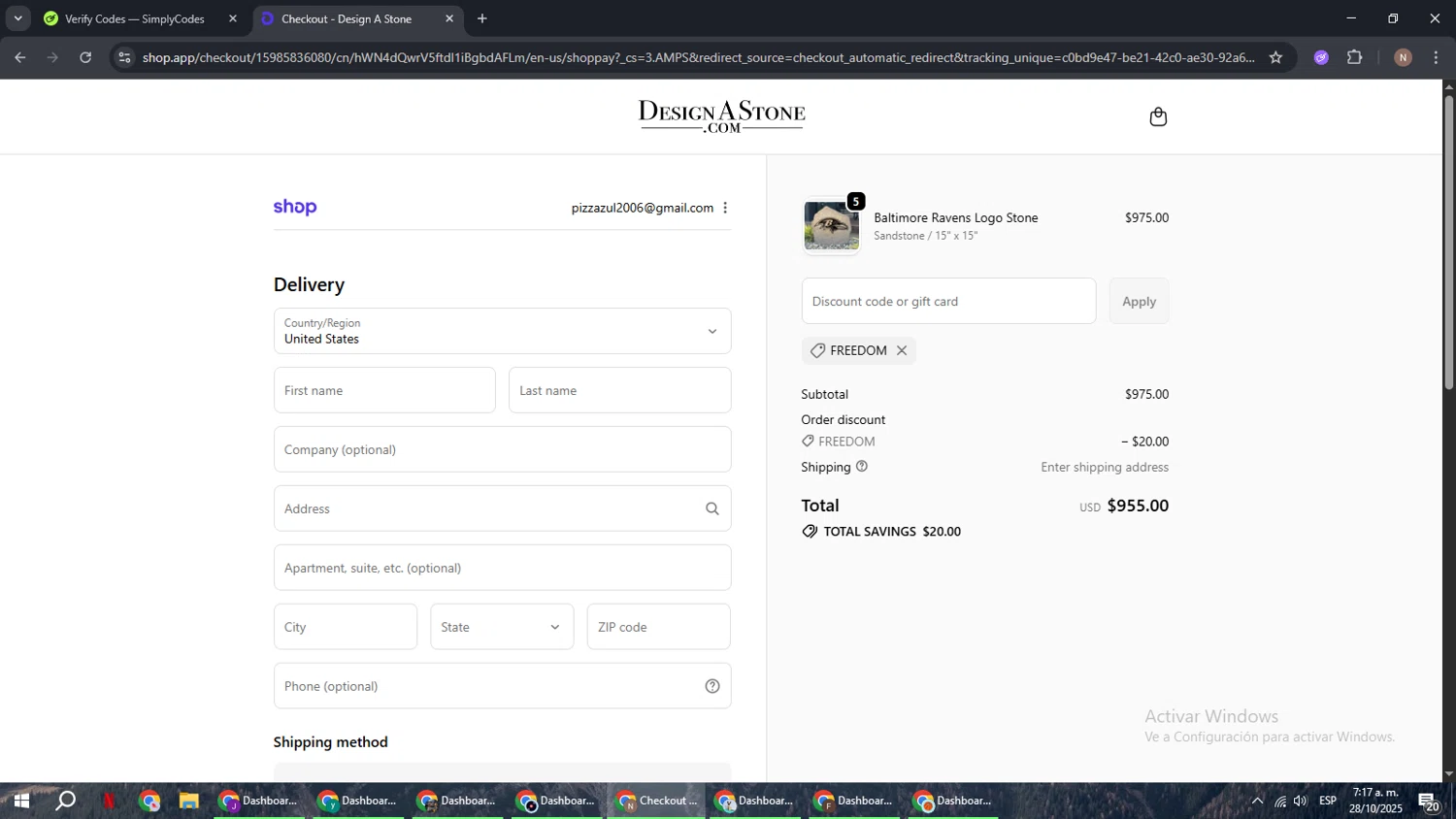 Design A Stone discount code screenshot showing code FREEDOM applied at Design A Stone checkout page. Uploaded by SimplyCodes community member DiscountPioneer2554 on Oct 28, 2025