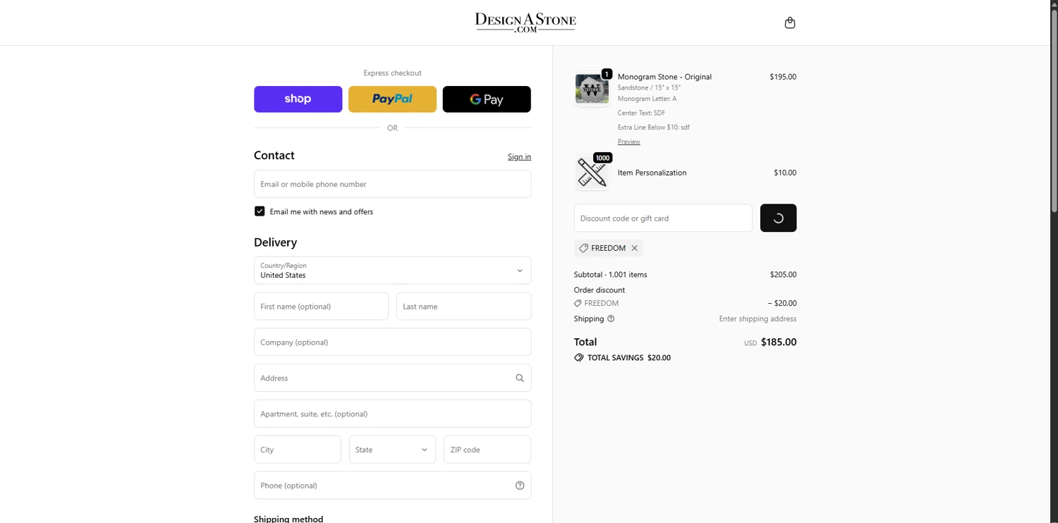 Design A Stone discount code screenshot showing code FREEDOM applied at Design A Stone checkout page. Uploaded by SimplyCodes community member SavvySaver9108 on Oct 24, 2025