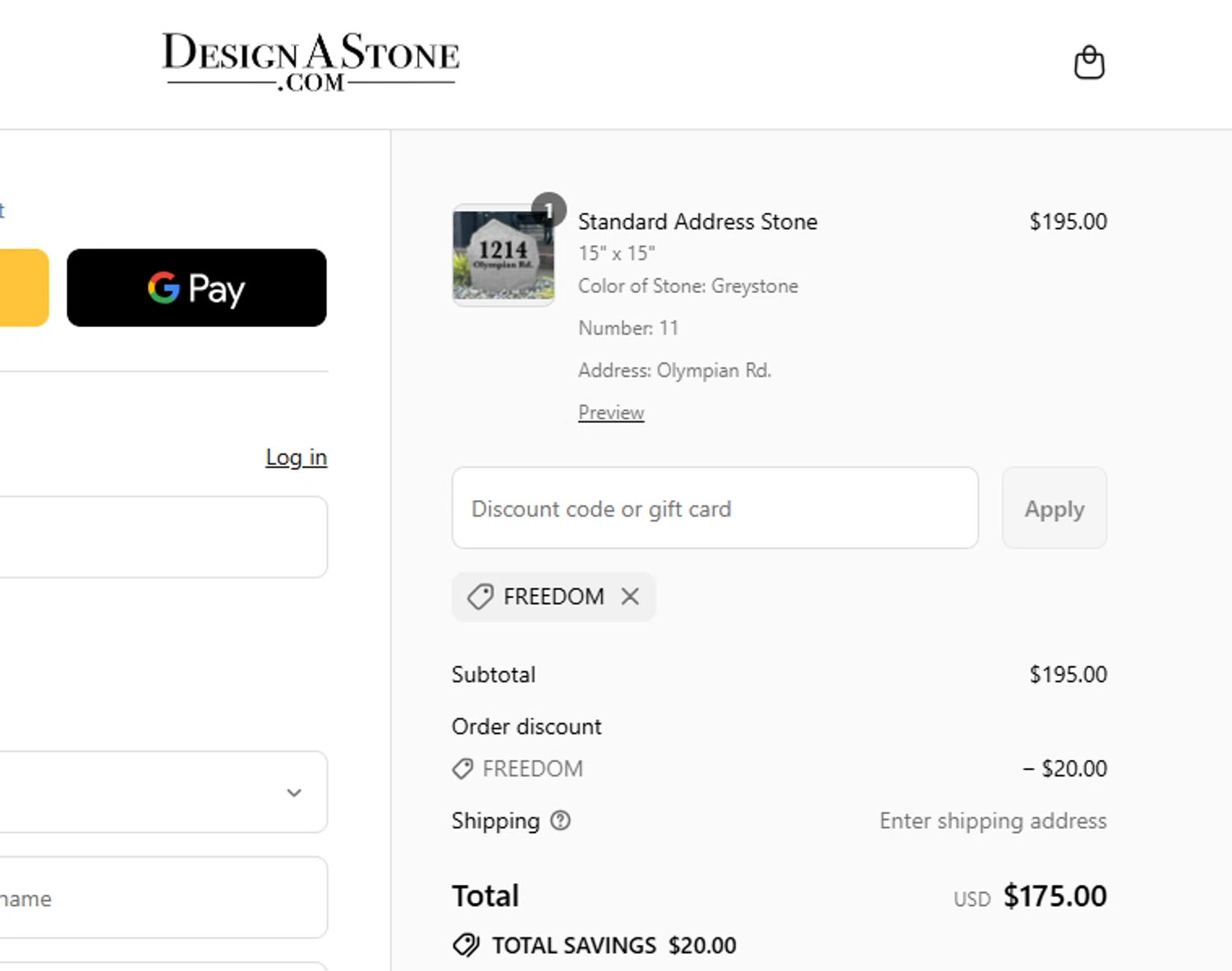 Design A Stone discount code screenshot showing code FREEDOM applied at Design A Stone checkout page. Uploaded by SimplyCodes community member yeresojperez on Aug 1, 2025