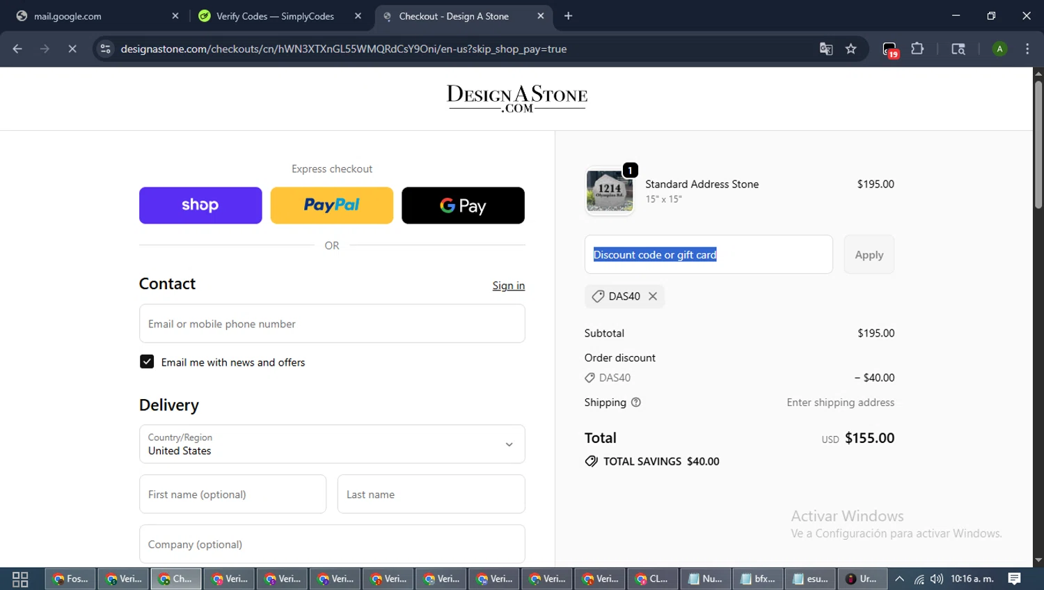 Design A Stone discount code screenshot showing code DAS40 applied at Design A Stone checkout page. Uploaded by SimplyCodes community member CashLynx5338 on Sep 29, 2025