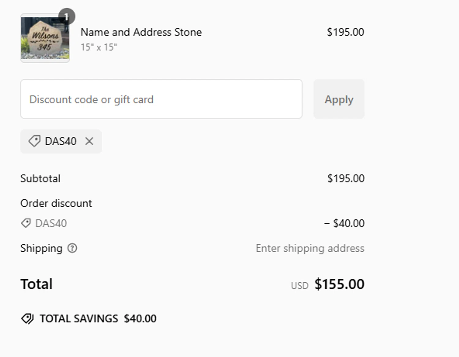 Design A Stone discount code screenshot showing code DAS40 applied at Design A Stone checkout page. Uploaded by SimplyCodes community member steve_jeff on Jan 14, 2025
