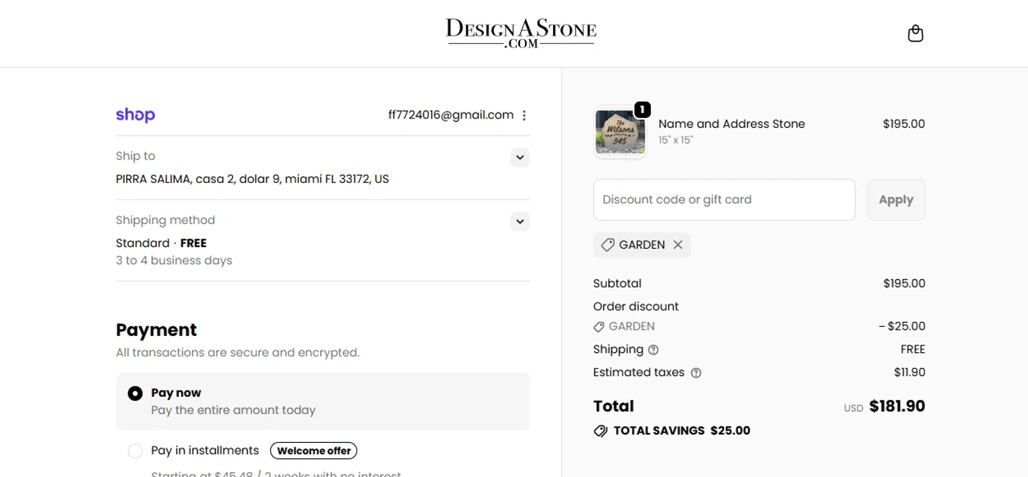 Design A Stone discount code screenshot showing code GARDEN applied at Design A Stone checkout page. Uploaded by SimplyCodes community member BonusDefender8823 on Nov 10, 2025
