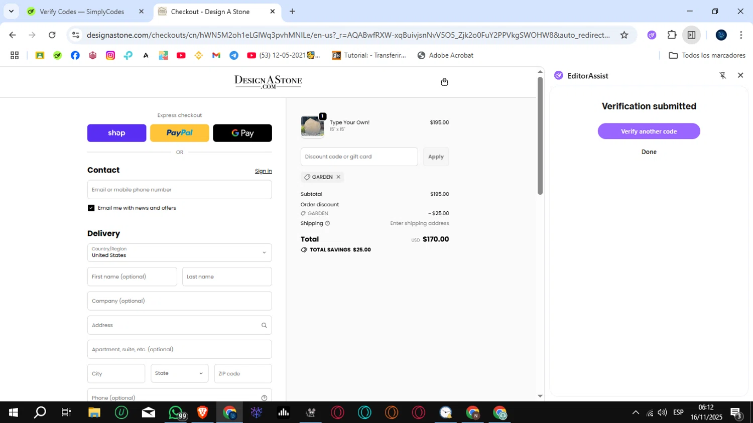 Design A Stone discount code screenshot showing code GARDEN applied at Design A Stone checkout page. Uploaded by SimplyCodes community member SunJinWoo on Nov 16, 2025