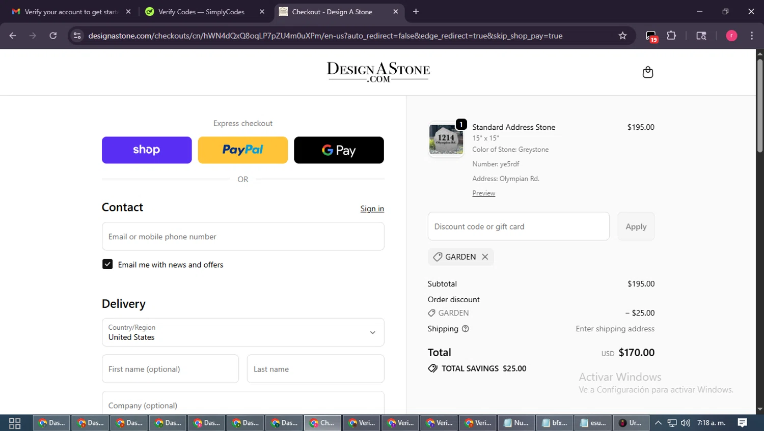 Design A Stone discount code screenshot showing code GARDEN applied at Design A Stone checkout page. Uploaded by SimplyCodes community member WisePro3739 on Oct 28, 2025
