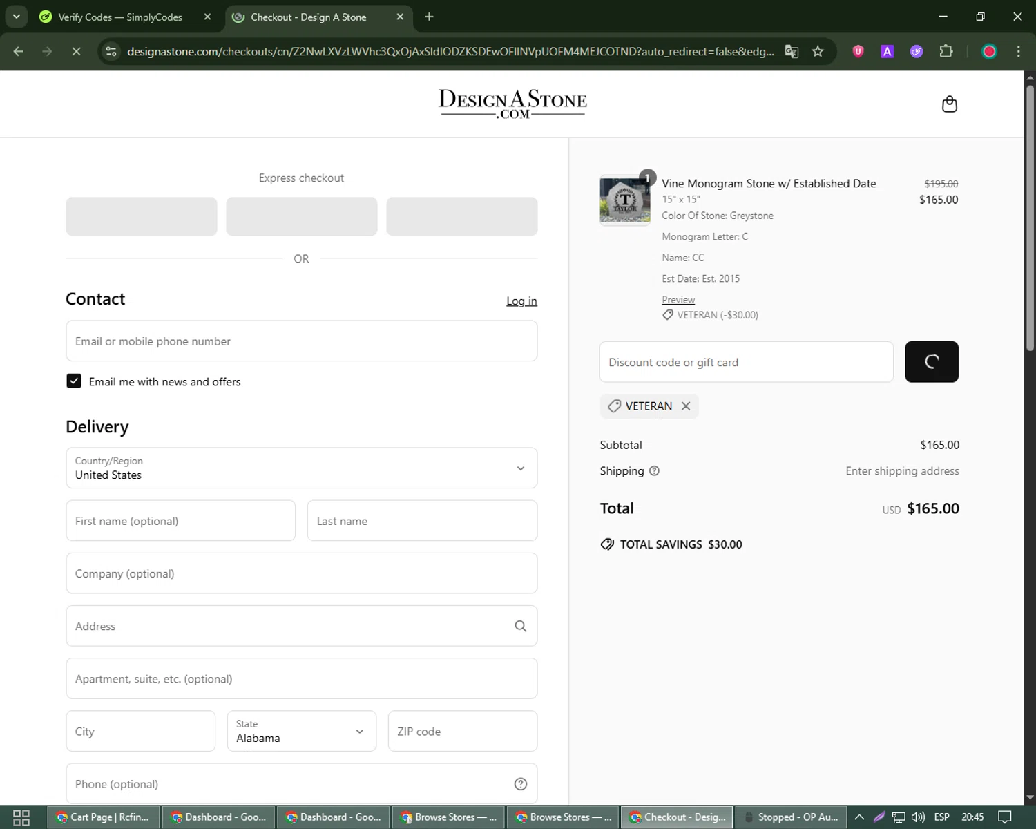 Design A Stone discount code screenshot showing code Veteran applied at Design A Stone checkout page. Uploaded by SimplyCodes community member Michael_Brown on May 30, 2025