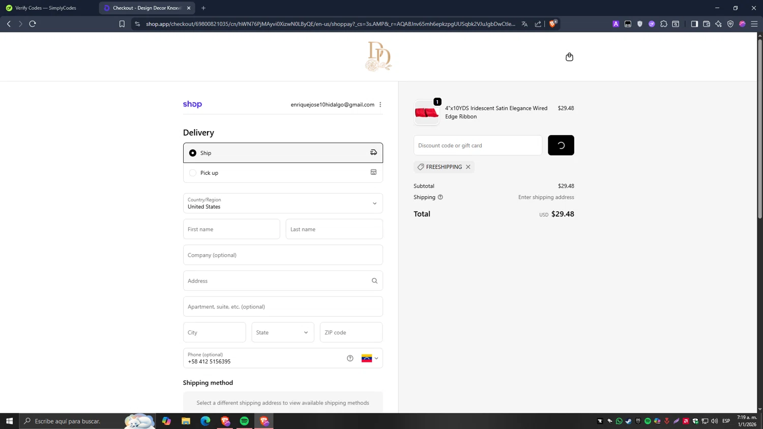 Design Decor checkout page showing Design Decor promo code box | Screenshot taken by SimplyCodes community member on Jan 1, 2026