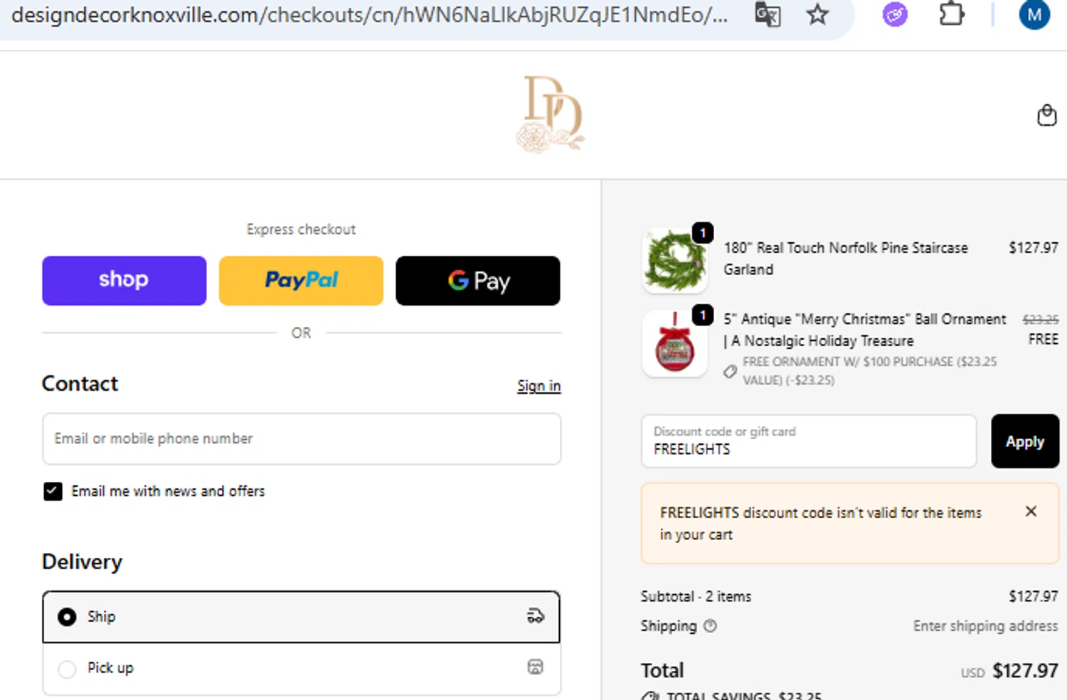 Design Decor checkout page showing Design Decor promo code box | Screenshot taken by SimplyCodes community member on Dec 13, 2025
