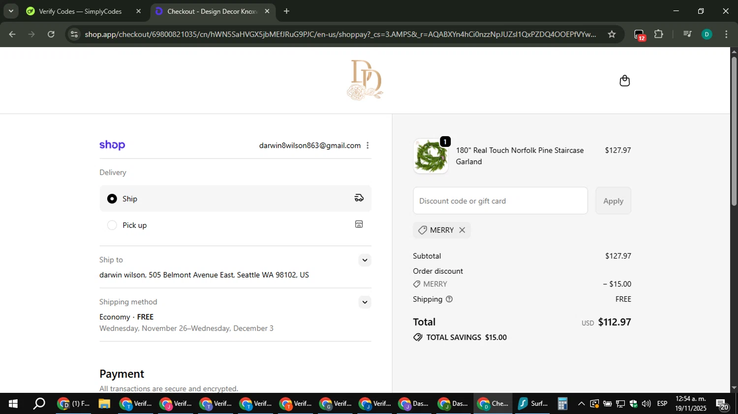 Design Decor promo code screenshot showing code MERRY applied at Design Decor checkout page. Uploaded by SimplyCodes community member ThriftyLion6776 on Nov 19, 2025