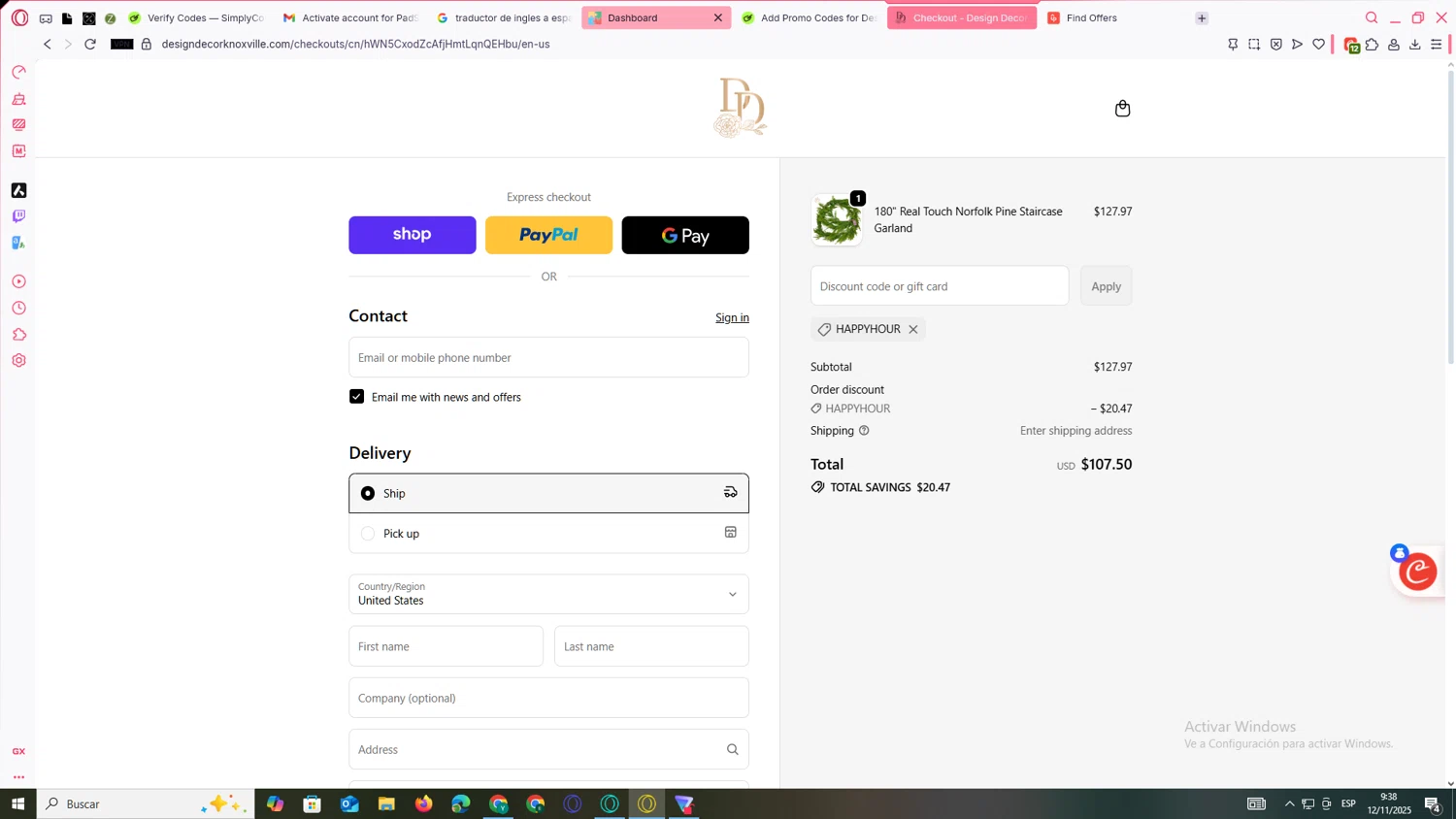 Design Decor promo code screenshot showing code HAPPYHOUR applied at Design Decor checkout page. Uploaded by SimplyCodes community member JEUGENIO on Nov 12, 2025