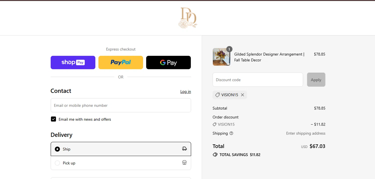 Design Decor promo code screenshot showing code VISION15 applied at Design Decor checkout page. Uploaded by SimplyCodes community member juanisaac on Aug 16, 2025