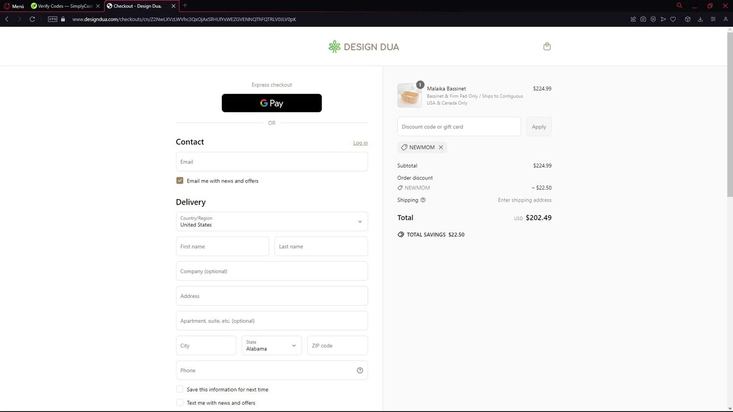 Design Dua discount code screenshot showing code NewMom applied at Design Dua checkout page. Uploaded by SimplyCodes community member LegendarySeeker3956 on Jun 24, 2025