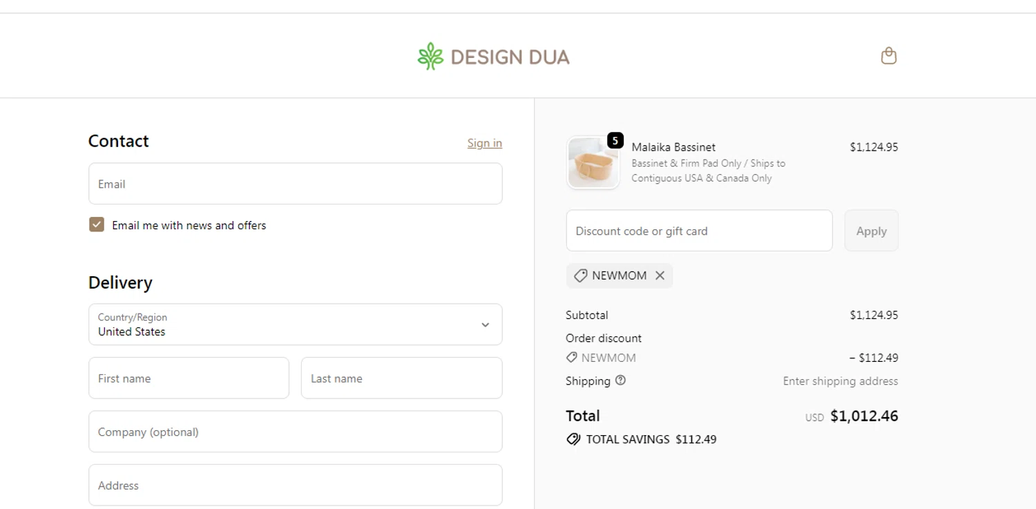 Design Dua discount code screenshot showing code NewMom applied at Design Dua checkout page. Uploaded by SimplyCodes community member obito1234 on Nov 14, 2025