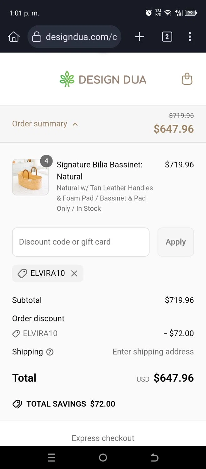 Design Dua discount code screenshot showing code ELVIRA10 applied at Design Dua checkout page. Uploaded by SimplyCodes community member KARMATOP on Mar 19, 2025