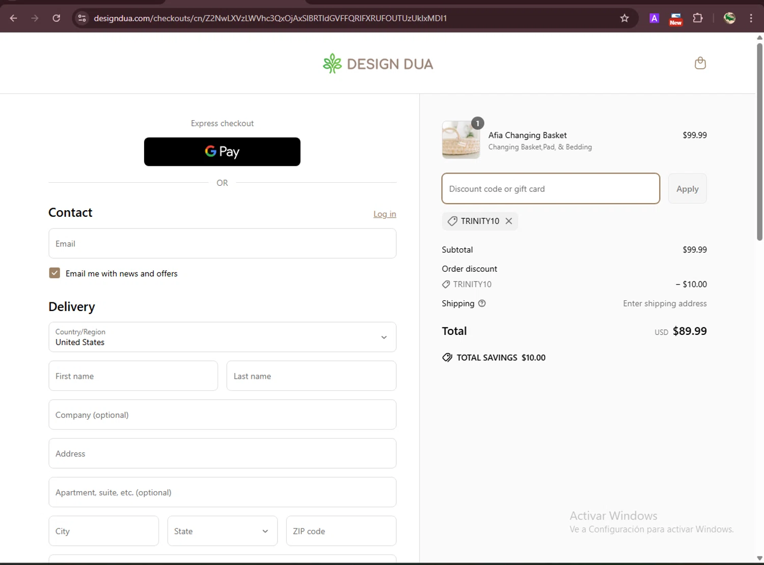 Design Dua discount code screenshot showing code TRINITY10 applied at Design Dua checkout page. Uploaded by SimplyCodes community member RewardDefender7173 on Mar 19, 2025