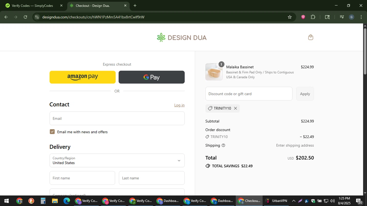 Design Dua discount code screenshot showing code TRINITY10 applied at Design Dua checkout page. Uploaded by SimplyCodes community member gabinharris55 on Aug 4, 2025