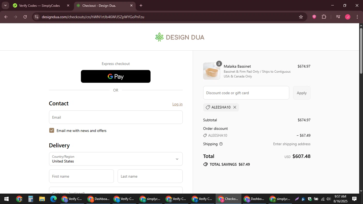 Design Dua discount code screenshot showing code ALEESHA10 applied at Design Dua checkout page. Uploaded by SimplyCodes community member JackWilson63 on Aug 16, 2025
